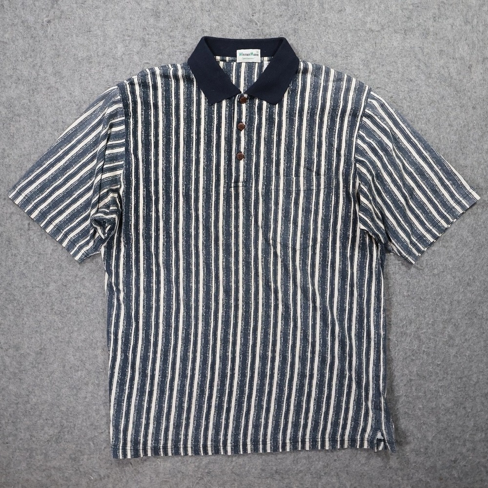 Winner Mate Polo Shirt Mens L Blue Excellent Vintage Striped Cotton Short Sleeve